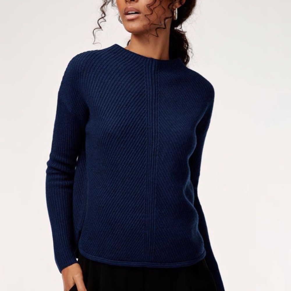 Babaton ARITZIA Chalmers Mock Neck Wool Blend Cropped Sweater Navy Blue Chevrons